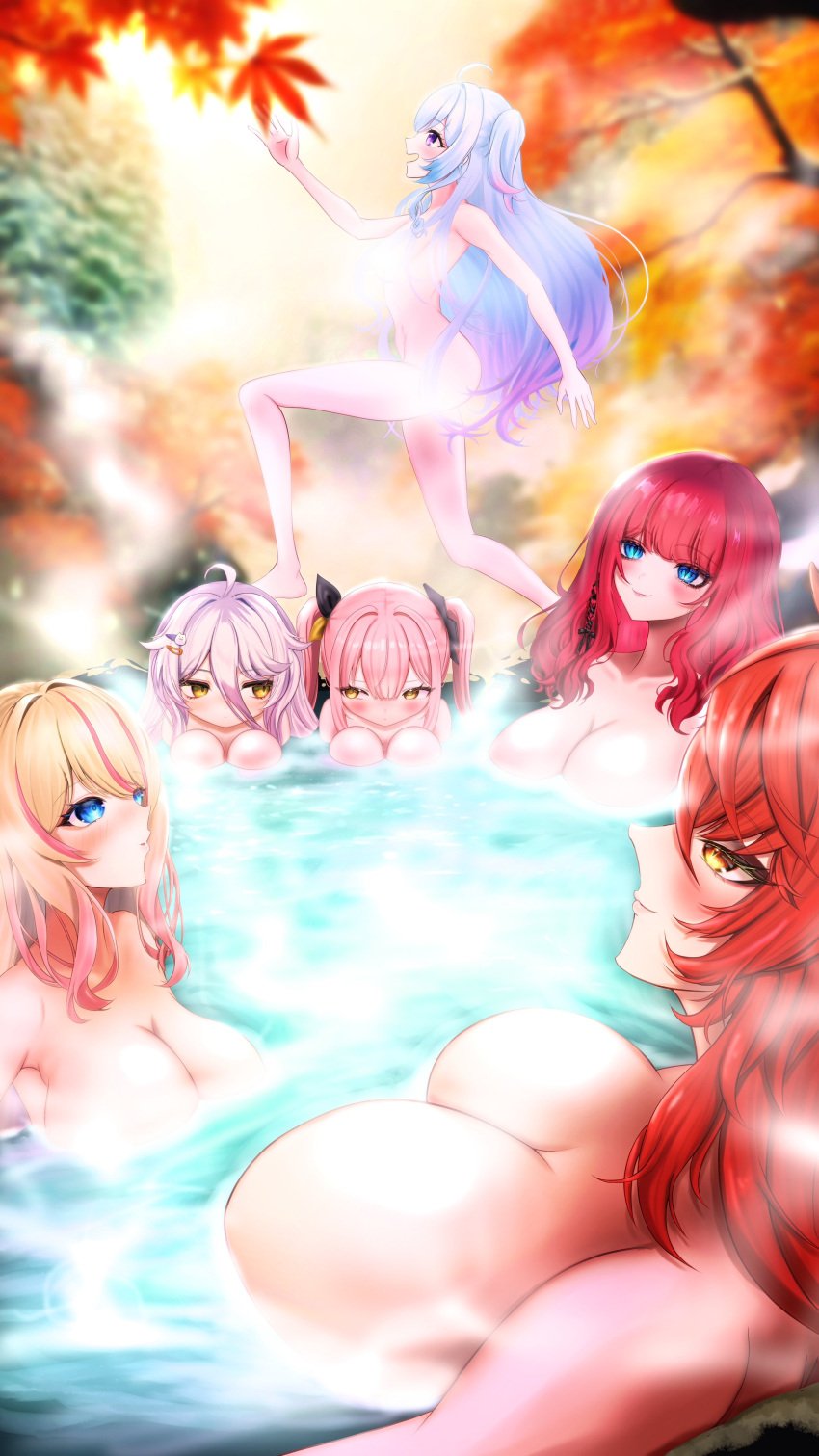 6girls aw_works703 big_breasts blonde_hair blue_eyes blue_hair breasts censored cleavage female female_only glare glaring henya_the_genius hestiahappiness hotaru_akatsuki huge_breasts large_breasts light-skinned_female light_censor light_skin medium_breasts okamoto_nagi onsen orange_eyes outdoor_bath outdoor_bathing outdoor_nudity outdoors purple_eyes red_hair small_bra small_breasts tagme virtual_youtuber vshojo vshojo_nova vtuber yellow_eyes yutori_peke zentreya