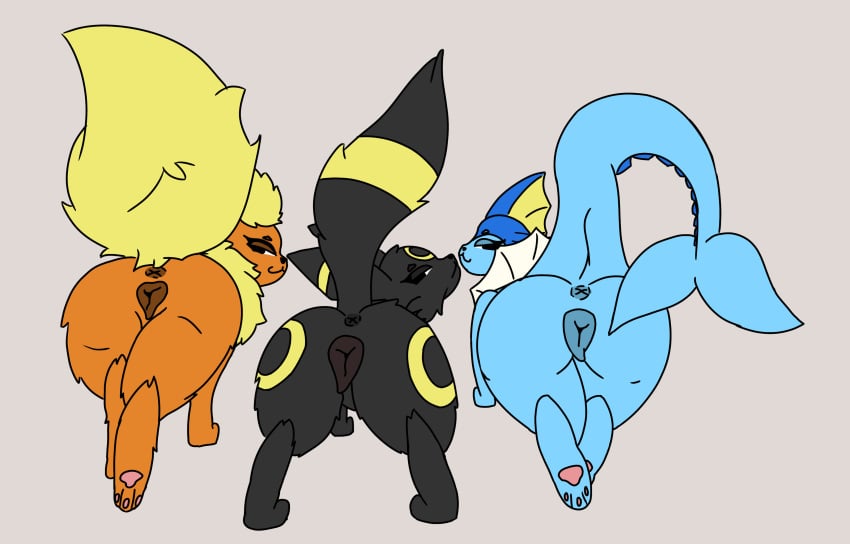 absurd_res animal_genitalia animal_pussy anus ass black_body black_fur blue_body canid canine canine_genitalia canine_pussy digital_media_(artwork) eeveelution errsoe_(artist) female feral flareon fur generation_1_pokemon generation_2_pokemon genitals group hi_res looking_at_viewer looking_back mammal nintendo orange_body pawpads pokemon pokemon_(species) presenting pussy smile tail trio umbreon vaporeon