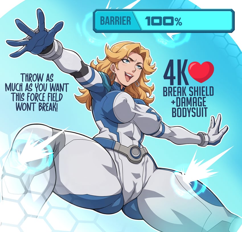 1girls absurdres animification ass belt big_ass big_breasts big_thighs blonde_hair blue_eyes bodysuit breasts butt dialogue earrings fantastic_four female female_focus female_only gigantic_thighs hand_on_own_hip heart highres hoop_earrings huge_ass huge_thighs invisible_woman invisible_woman_(marvel_rivals) jewelry large_breasts long_hair marvel marvel_rivals nipples skintight smile solo sue_richards sue_storm superhero_costume tagme text thick_hips thick_thighs thighs twitter twitter_strip_game_(meme) yatagarasu_000