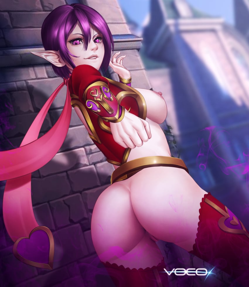 1girls 2d alternate_costume ass big_ass big_butt biting_lip breasts butt elf female functionally_nude heartbreaker_skye looking_at_viewer looking_back nipples no_panties paladins purple_eyes purple_hair pussy short_hair skye_(paladins) smile vocox