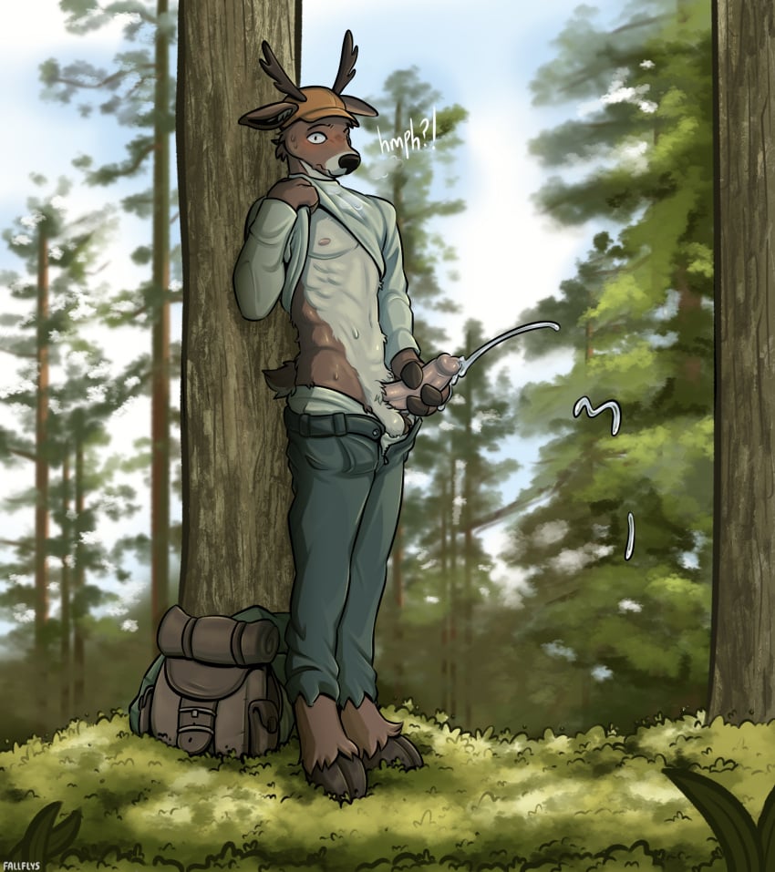 absurd_res anthro antlers backpack balls baseball_cap blush bodily_fluids body_blush bottomwear brown_body brown_fur caught_in_the_act caught_masturbating clothed clothing cloven_hooves cum deer denim denim_bottomwear denim_clothing ejaculation embarrassed erection fallflys fingers forest forest_background fur genital_fluids genitals hat headgear headwear hi_res hooved_fingers hooves horn humanoid_genitalia humanoid_penis jeans looking_at_viewer male male_only mammal masturbation nature nature_background nipples open_bottomwear open_clothing open_pants outdoor_nudity outside pants partially_clothed penis plant pussy_blush raised_clothing raised_shirt raised_topwear shirt solo surprise sweat sweatdrop tail text topwear tree