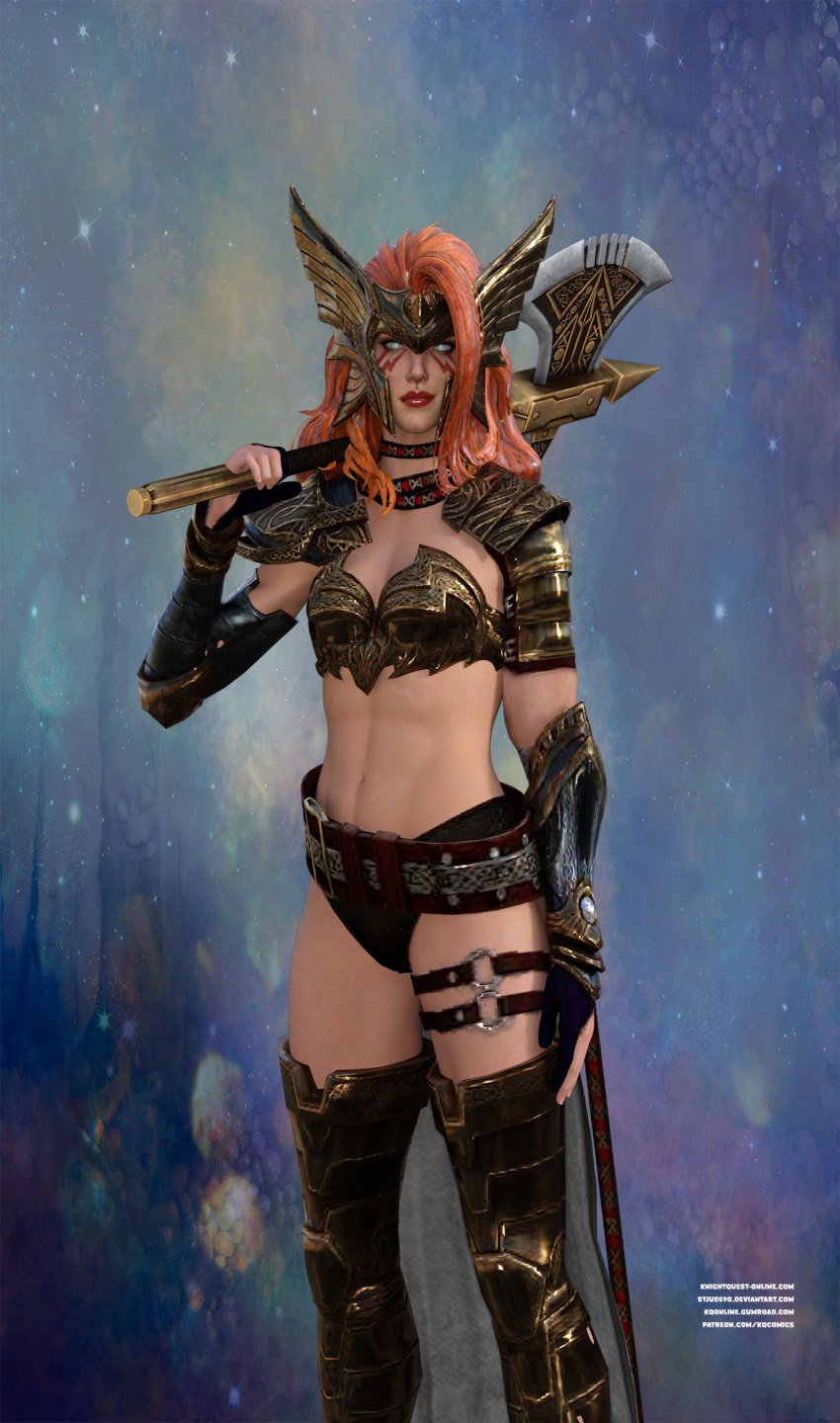 1girls 3d angela_(marvel) axe bikini daz_studio metal_bikini orange_hair spawn_(series) stjude90 weapon