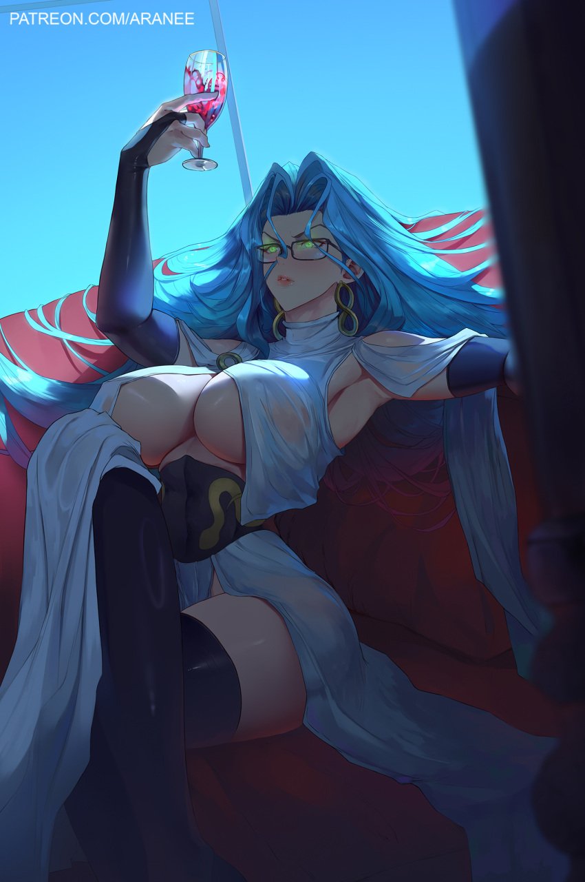 1girls araneesama armpits big_breasts blue_hair green_eyes legs_crossed light-skinned_female light_skin long_hair one-punch_man psykos sitting sitting_on_couch solo solo_female thick_thighs thigh_highs thighhighs underboob wine_glass