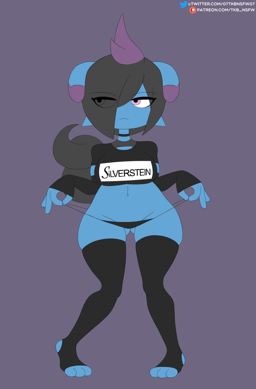 anthro anthrofied arm_gloves band_shirt choker depresso emo emo_girl emo_hair furry furry_female goth goth_furry goth_girl hair_over_one_eye looking_away palworld shortstack thick_thighs thighhighs thong thong_pull thong_straps tkb_nsfw uninterested wide_hips