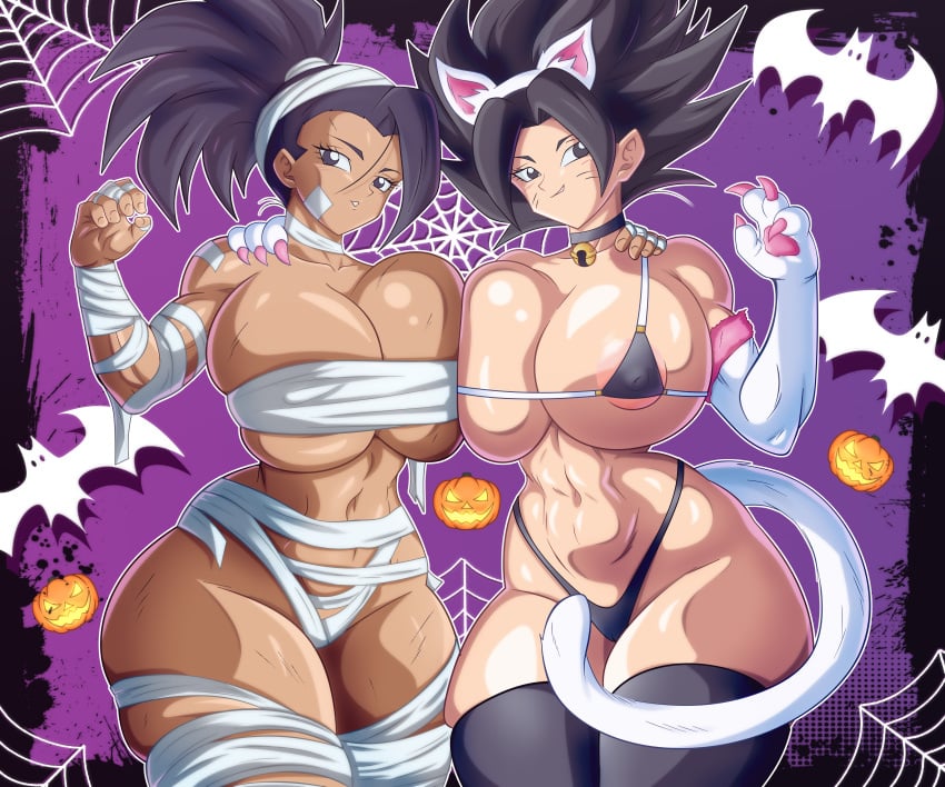 2girls bell black_thong cat_costume cat_ears cat_girl cat_tail caulifla cosplay curvy dragon_ball dragon_ball_super dragon_ball_z halloween halloween_costume huge_breasts kale mummy_costume mummy_wrappings nipples_covered soul-z