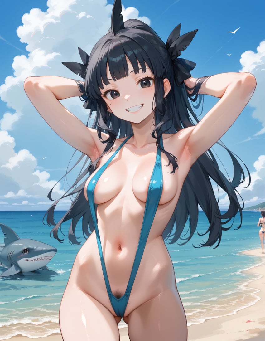 ai_generated artemis_of_the_blue atelier_live beach black_hair blue_tongue indie_virtual_youtuber ponytail pubic_hair shark_girl sling_bikini slingshot_swimsuit swimsuit virtual_youtuber vtuber