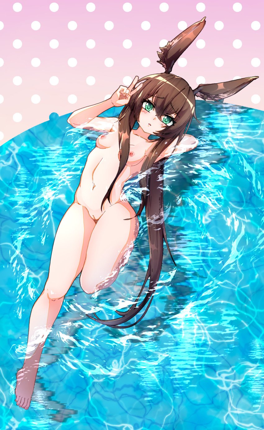 1girls amiya_(arknights) arknights barefoot breasts brown_hair bunny_ears bunny_girl completely_naked completely_naked_female completely_nude completely_nude_female female green_eyes long_hair lying_in_water lying_on_back naked naked_female nipples nude nude_female peace_sign polka_dot_background pussy solo solo_female water