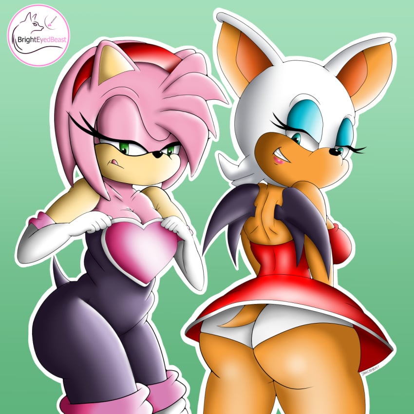 2girls amy_rose amy_rose_(cosplay) amy_the_bat bodysuit brighteyedbeast curvy furry_female neckline panties presenting_ass presenting_breasts rouge_rose rouge_the_bat rouge_the_bat_(cosplay) sonic_(series) spandex_suit