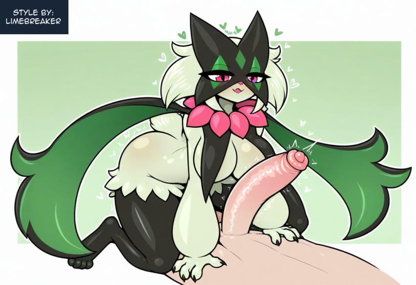 absurd_res ai_generated anthro areola big_breasts big_penis blush bodily_fluids breast_play breasts claws duo erection felid female fur generation_9_pokemon genital_fluids genitals green_body hand_on_breast heart hellsonger hi_res huge_breasts human human_on_anthro humanoid_genitalia humanoid_penis interspecies lying male male/female mammal meowscarada nintendo nipples nude penis pokemon pokemon_(species) precum sex simple_background smile