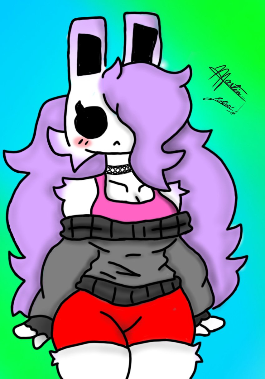 artist_request black_eyes blush colored cube_459_(geometry_dash) cute femgram fingerless_gloves fur geometry_dash hair_over_one_eye hourglass_figure large_breasts lilac_hair long_hair slight_blush sweater white_fur wide_hips