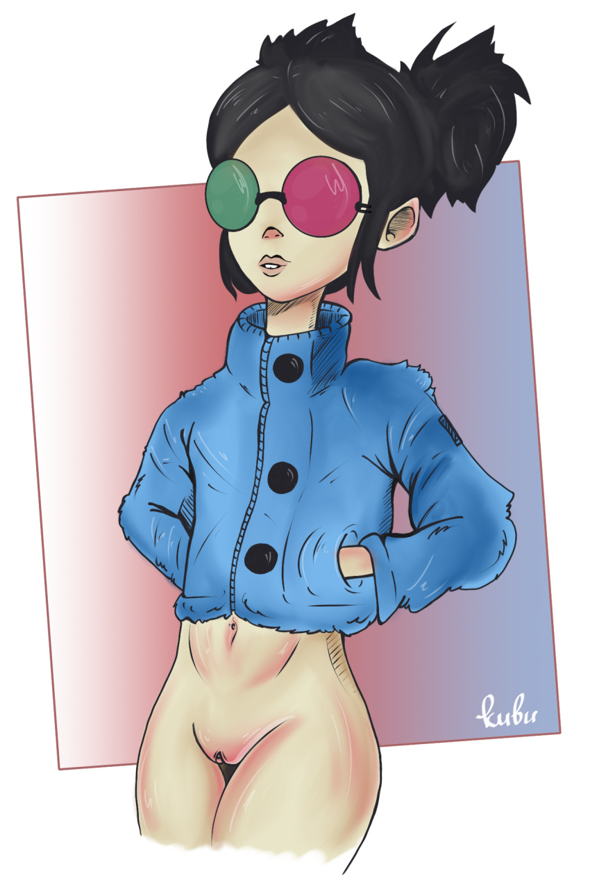 1girls black_hair bottomless eyewear female female_only gorillaz hourglass_figure human navel noodle_(gorillaz) noodle_(saturnz_barz) nude nudity outerwear pale_skin pussy solo tagme vulva киви