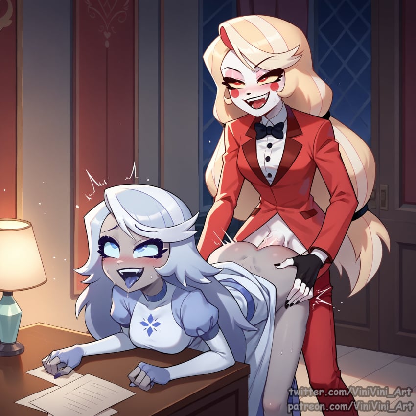 1futa 1girls ai_generated charlie_morningstar_(hazbin_hotel) clothed emily_(hazbin_hotel) fucked_from_behind fucked_silly futa_on_female futanari hazbin_hotel sex vinivini_art vivienne_medrano vivziepop