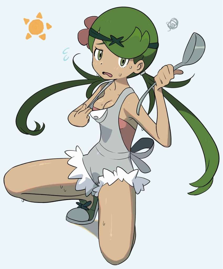 cleavage clothed complaining embarrassed embarrassed_female heat_(temperature) ladle mallow_(pokemon) pokemon pokemon_sm pulling_clothing shirt_pull spaghett8 spaghetto087 twintails