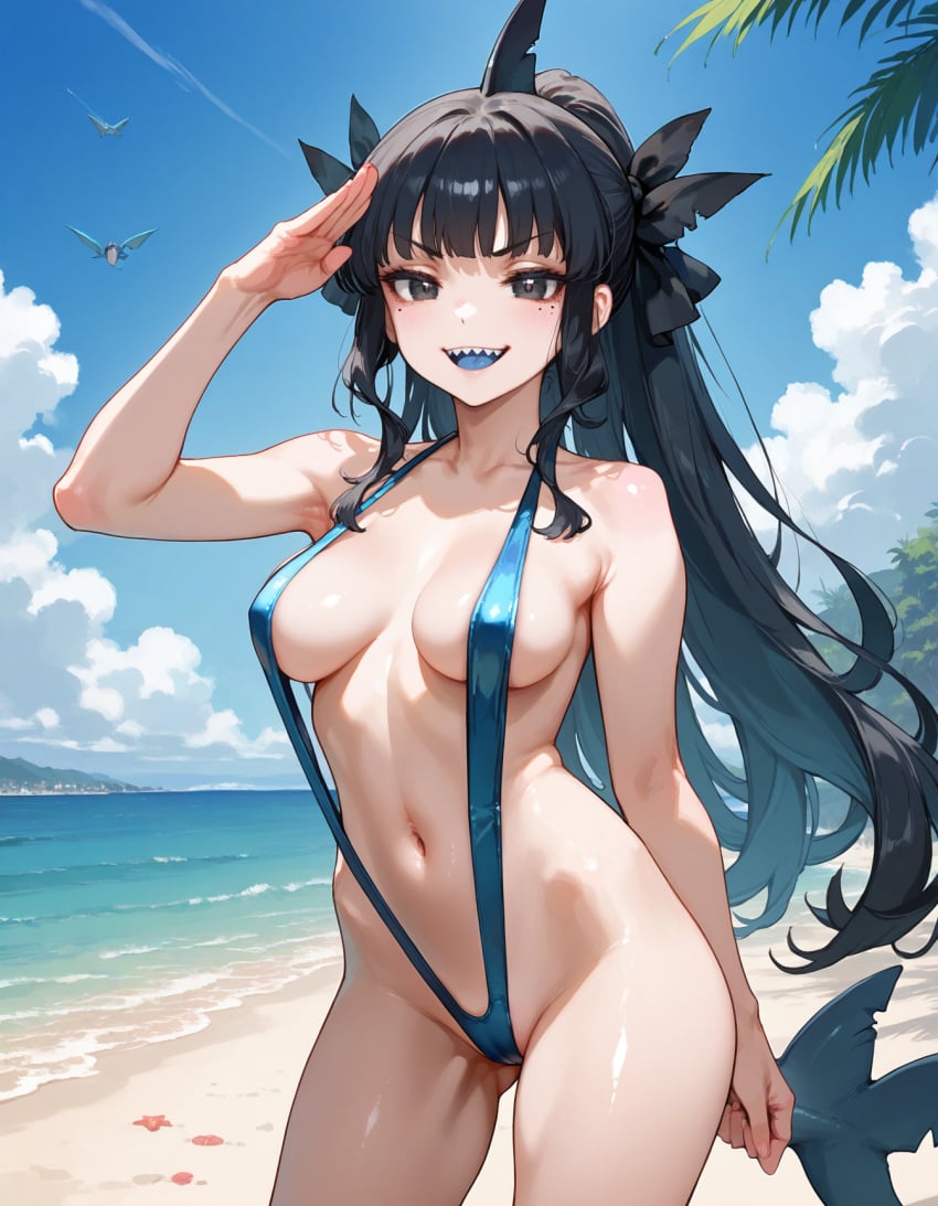 ai_generated artemis_of_the_blue atelier_live beach black_hair blue_tongue indie_virtual_youtuber ponytail shark_girl sling_bikini slingshot_swimsuit swimsuit virtual_youtuber vtuber