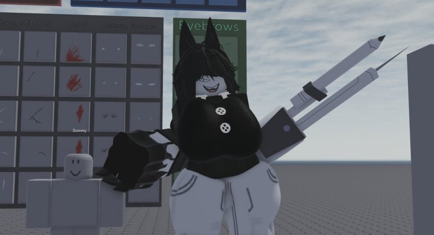 1girls 3d baseplate big_breasts black_hair black_shirt breasts button_down_shirt cat_ears clothed clothed_female collared_shirt compass compass_arm crimstuff dummy_(roblox) fully_clothed fully_clothed_female fundamental_paper_education long_hair looking_at_viewer miss_circle_(fundamental_paper_education) pants roblox robloxian shirt smile standing thick_thighs thighs weapon white_pants