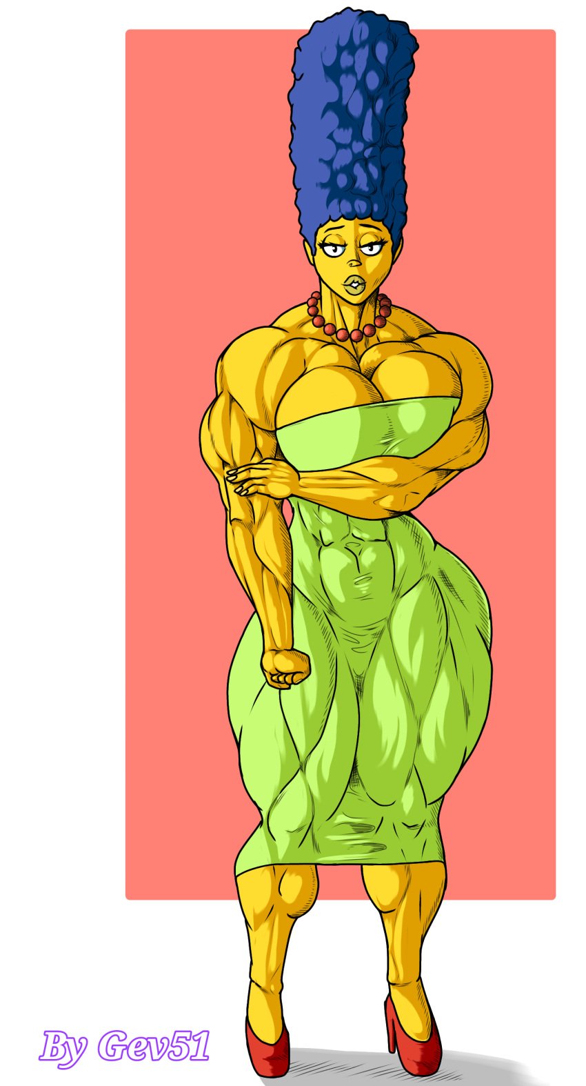 abs biceps big_breasts big_muscles blue_hair breasts dress female gev51 hair high_heels huge_breasts large_breasts large_muscles looking_at_viewer marge_simpson muscles muscular muscular_arms muscular_female muscular_legs muscular_thighs pecs the_simpsons