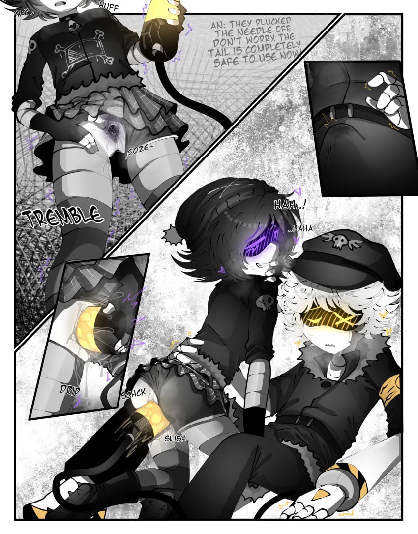 1boy 1boy1girl 1girls blush comic english_text erection goth_girl monochrome murder_drones n_(murder_drones) precum precum_through_clothing purple_eyes pussy_juice short_hair skirt_up spread_pussy tagme tail_in_pussy tail_sex tailplay text underwear_aside uzi_(murder_drones) yellow_eyes