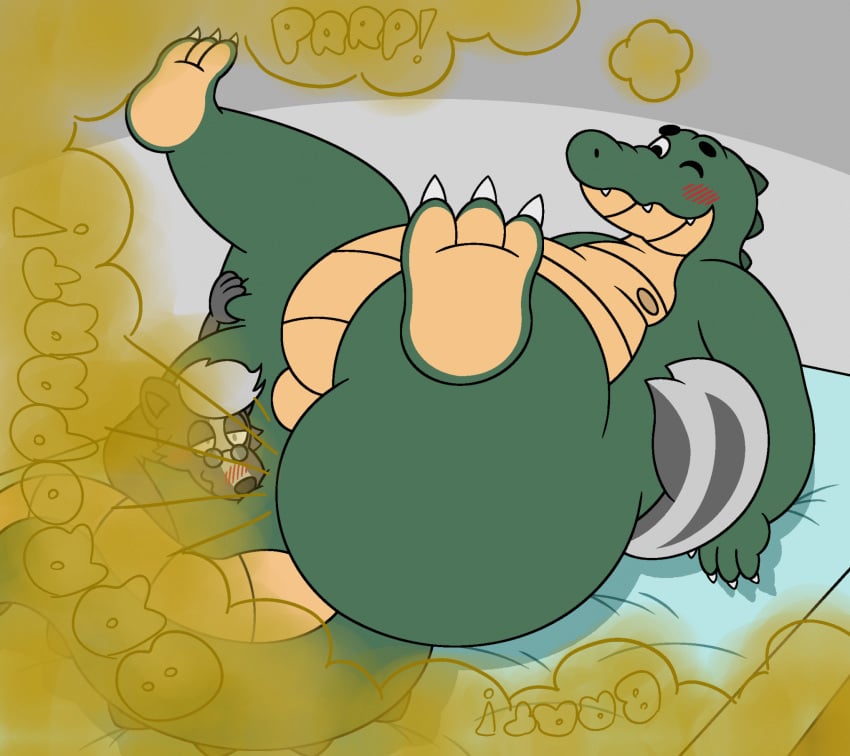 alligator alligatorid anthro ass belly big_belly big_butt crocodilian drawful-s duo fart fart_cloud fart_fetish farting_on_another farting_on_face gassy hi_res legs_up lying male male/male mammal mephitid on_back overweight overweight_anthro overweight_male ray_rhythmus reptile scalie size_difference skunk smelly thick_thighs