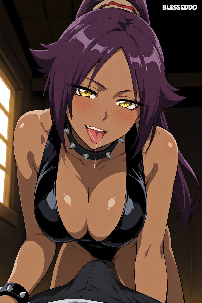 1boy 1girls ai_generated alternate_version_available big_breasts bleach blesseddo blush bracelet breasts cleavage collar ecchi leotard long_hair looking_at_viewer penis_bulge ponytail pov purple_hair shihouin_yoruichi spiked_bracelet spiked_collar tongue_out watermark yellow_eyes