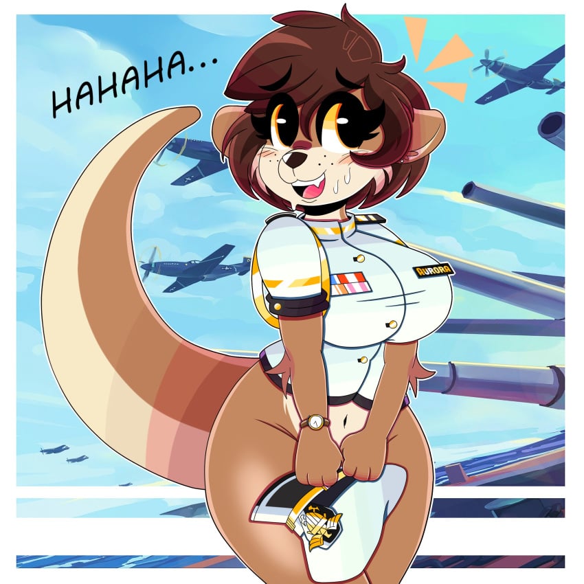 aircraft anthro battleship bottomless bottomless_anthro bottomless_female brown_fur brown_hair cannon countershade_torso covering_crotch embarrassed headwear mammal military_uniform mustelid nervous_smile nervous_sweat oc otter otter_girl otter_humanoid plane uniform watercraft wireless_shiba