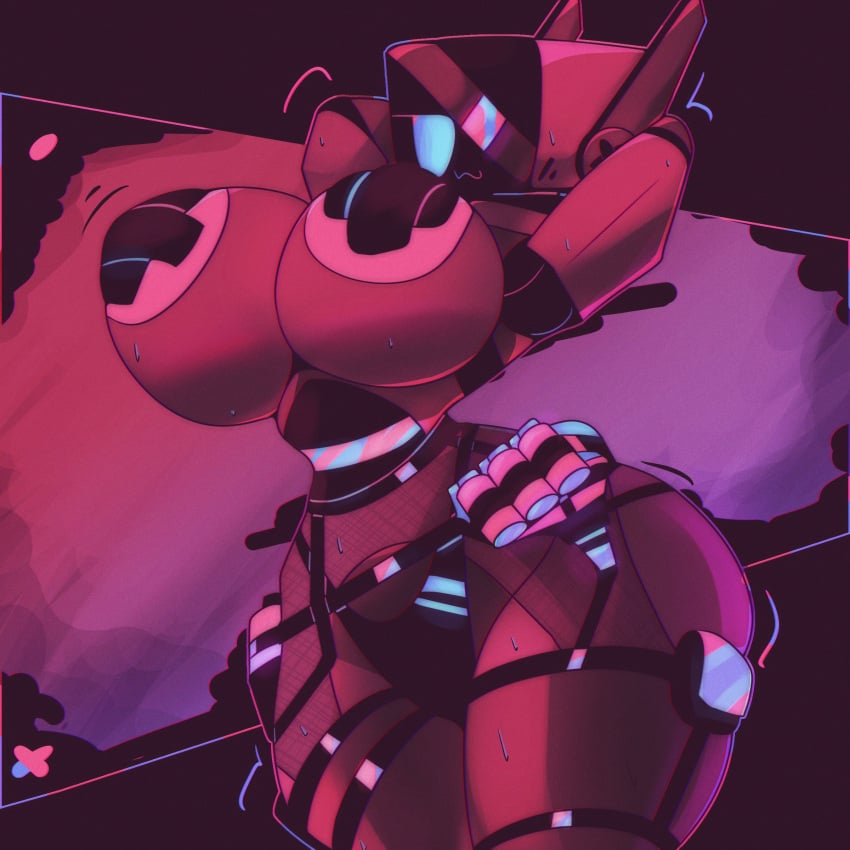 2d :3 ammo_belt antennae antennae_(anatomy) big_breasts blue_eyes eyepatch female female_only gradient_eyes looking_at_viewer ludicrousspeeds machine nipple_pasties oc panties pasties pink_body pose posing robot robot_girl robot_humanoid square_head thighs tosty_(ludicrousspeeds)