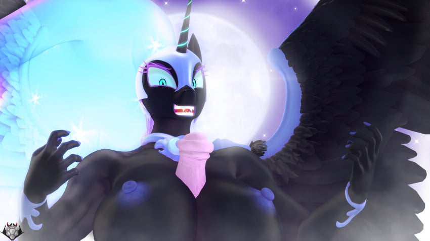 3d absurd_res alicorn animal_genitalia animal_penis anthro anthrofied areola armor big_breasts black_body black_feathers breast_play breasts digital_media_(artwork) equid equine equine_genitalia equine_penis eyelashes feathered_wings feathers female fingers friendship_is_magic genitals hasbro headgear helmet hi_res horn male male/female mammal moon my_little_pony mythological_creature mythological_equine mythology naughty_cube night nightmare_moon_(mlp) nipples open_mouth penis pupils sex teeth titjob wings