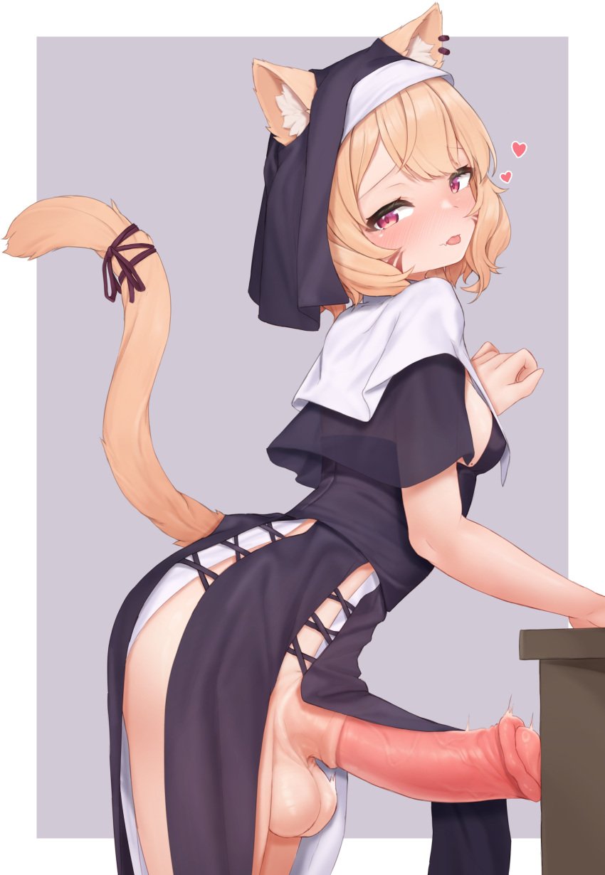 absurdres animal_ear_fluff animal_ears animal_penis blonde_hair blush breasts cat_ears cat_girl cat_tail cowboy_shot erection facial_mark female from_side futanari grey_background heart highres horse_penis huge_cock looking_at_viewer looking_to_the_side nun pelvic_curtain penis red_eyes short_hair shyrei_faolan sleepypudding small_breasts solo tail testicles tongue tongue_out uncensored virtual_youtuber vyugen whisker_markings