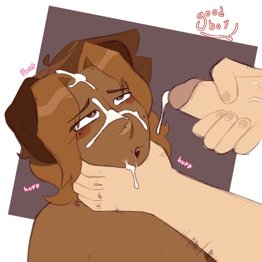 blush blushing brown_eyes brown_hair cock cum cum_on_face curly_(mouthwashing) daisuke_(mouthwashing) dick dog_ears dominant_male good_boy hand_around_neck huff looking_up looking_up_at_partner mole mole_on_cheek mole_under_eye mouthwashing mouthwashing_(game) out_of_breath panting post_orgasm puppy puppyplay shirtless shirtless_male submissive_male tan_skin text white_skin