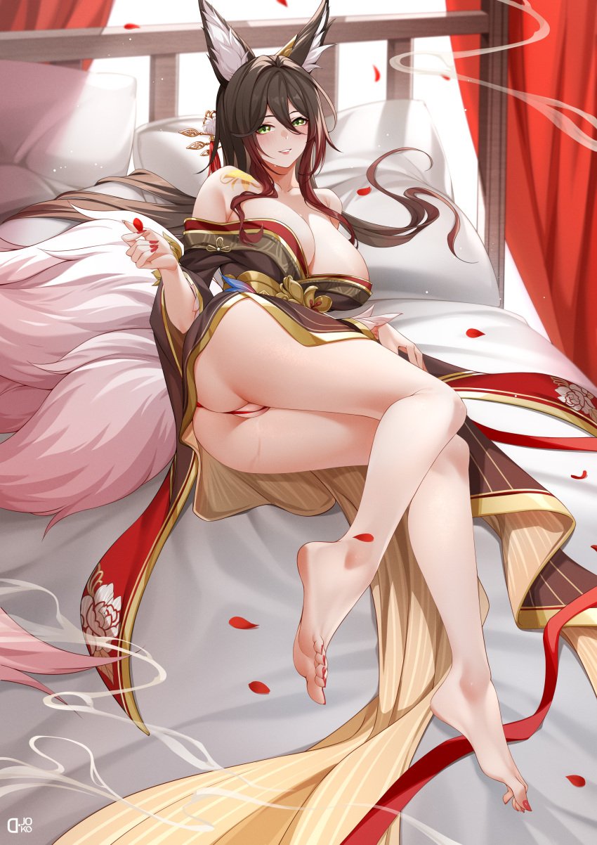 absurdres animal_ear_fluff animal_ears ass bare_shoulders barefoot breasts brown_dress brown_hair brown_hanfu d._joko dress feet female fox_ears fox_girl fox_tail green_eyes highres honkai:_star_rail honkai_(series) large_breasts long_hair long_legs pink_tail soles tail tingyun_(honkai:_star_rail)