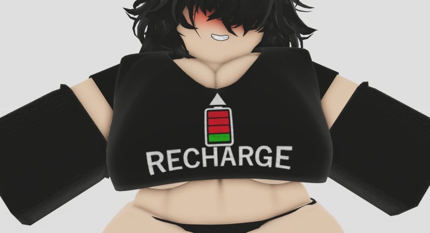 1girls 3d big_breasts black_clothing black_hair black_panties blush breasts cleavage crimstuff crop_top female female_only gloves hair_covering_eyes harlyn_(crimstuff) midriff original_character pale-skinned_female pale_skin panties roblox robloxian shirt short_hair short_sleeves smile solo thick_thighs thighs underboob