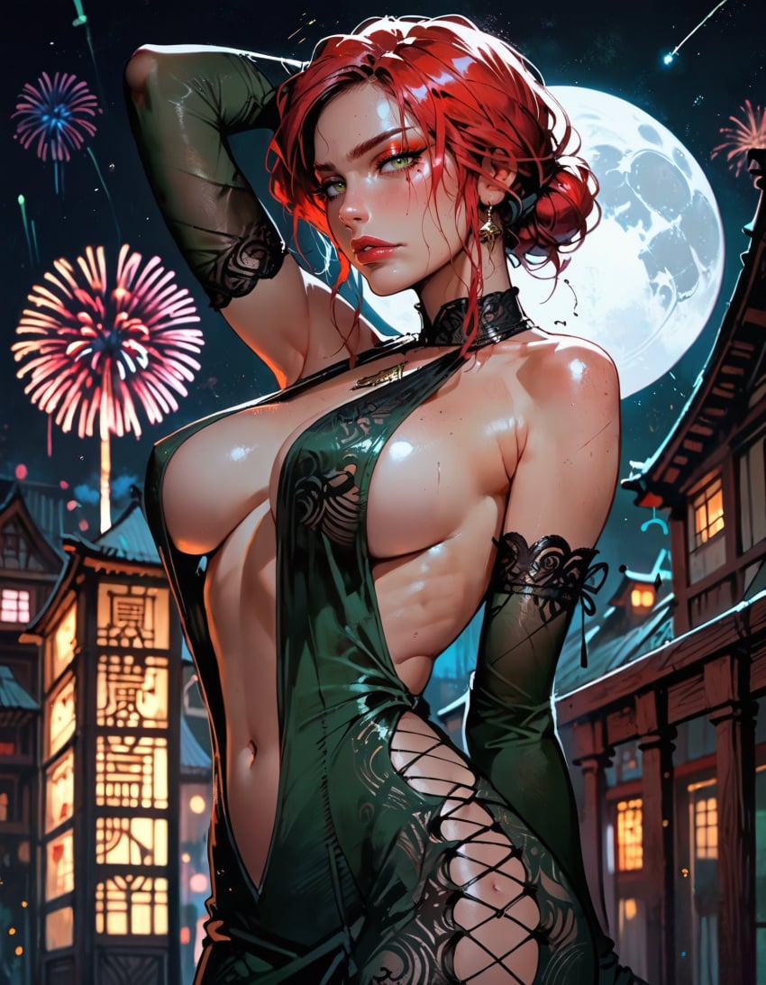 ai_generated boob_window cd_projekt_red choker dress earrings fireworks full_moon gloves green_eyes green_sleeves makeup manofmidas navel new_year red_hair sideboob slutty_clothing the_witcher the_witcher_(series) triss_merigold triss_the_witch