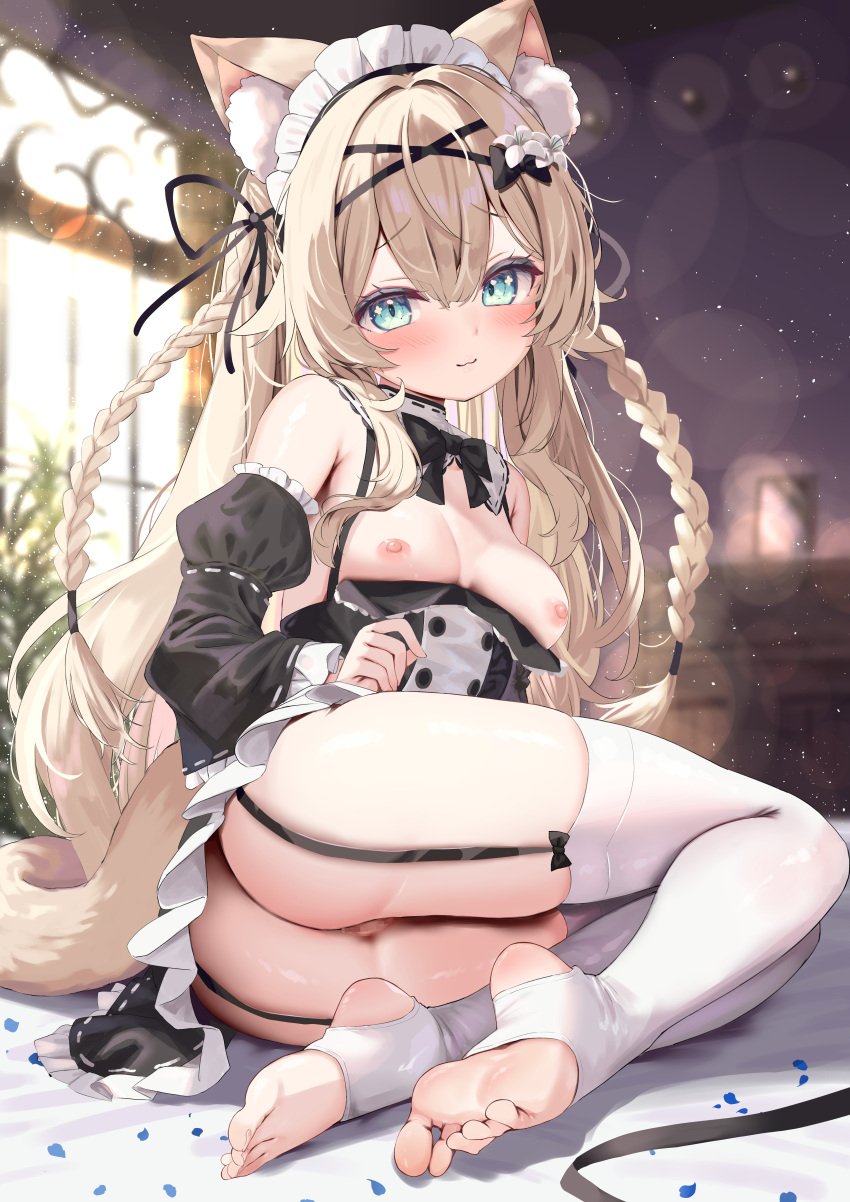 absurdres animal_ear_fluff animal_ears black_bow black_bowtie black_dress black_garter_straps black_ribbon black_sleeves blonde_hair blurry blurry_background blush bow bowtie braid breasts breasts_out cat_ears cat_girl cat_tail censored character_request closed_mouth commission detached_collar detached_sleeves dress feet female flower frilled_dress frills full_body garter_straps green_eyes hair_flower hair_ornament hair_ribbon hairbow highres indoors long_hair long_sleeves looking_at_viewer maid maid_headdress mosaic_censoring nipples no_panties no_shoes nyahu_(nyahu_77) original pussy ribbon sitting skeb_commission skindentation sleeveless sleeveless_dress small_breasts smile soles solo stirrup_legwear tail thighhighs thighs toeless_legwear toes twin_braids white_flower white_thighhighs yokozuwari