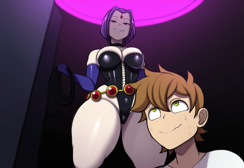 1boy 1girls ben_10 ben_tennyson bondage bondage_gear bondage_outfit brown_hair cleavage crossover dc_comics digital_art green_eyes nervous_expression not_ai_generated purple_hair purple_hair_female rachel_roth raven_(dc) teen_titans thebenravenagenda whip