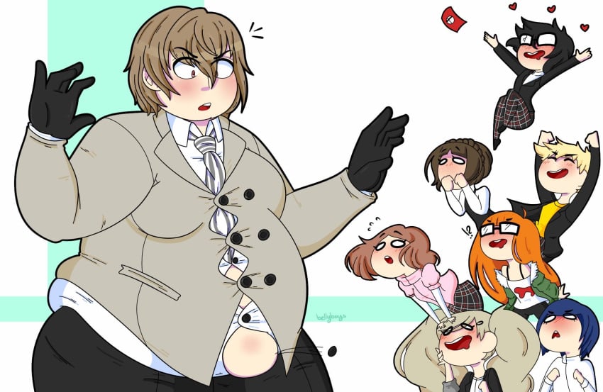 1boy belly bhm big_belly button_pop fat fat_belly goro_akechi male obese obese_male overweight overweight_male persona_5 tight_clothing wardrobe_malfunction weight_gain