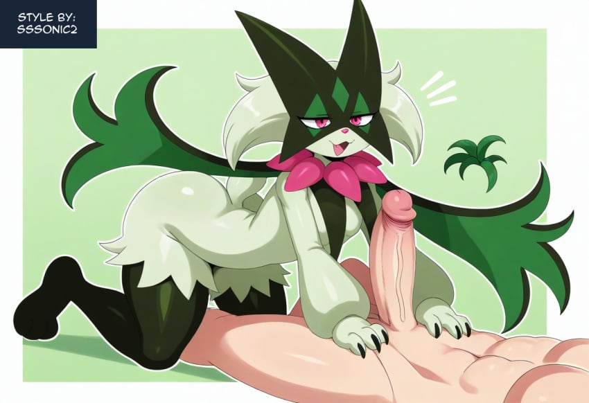 absurd_res ai_generated anthro areola big_breasts big_penis blush bodily_fluids breast_play breasts claws duo erection felid female fur generation_9_pokemon genital_fluids genitals green_body hand_on_breast heart hellsonger hi_res huge_breasts human human_on_anthro humanoid_genitalia humanoid_penis interspecies lying male male/female mammal meowscarada nintendo nipples nude penis pokemon pokemon_(species) precum sex simple_background smile titjob