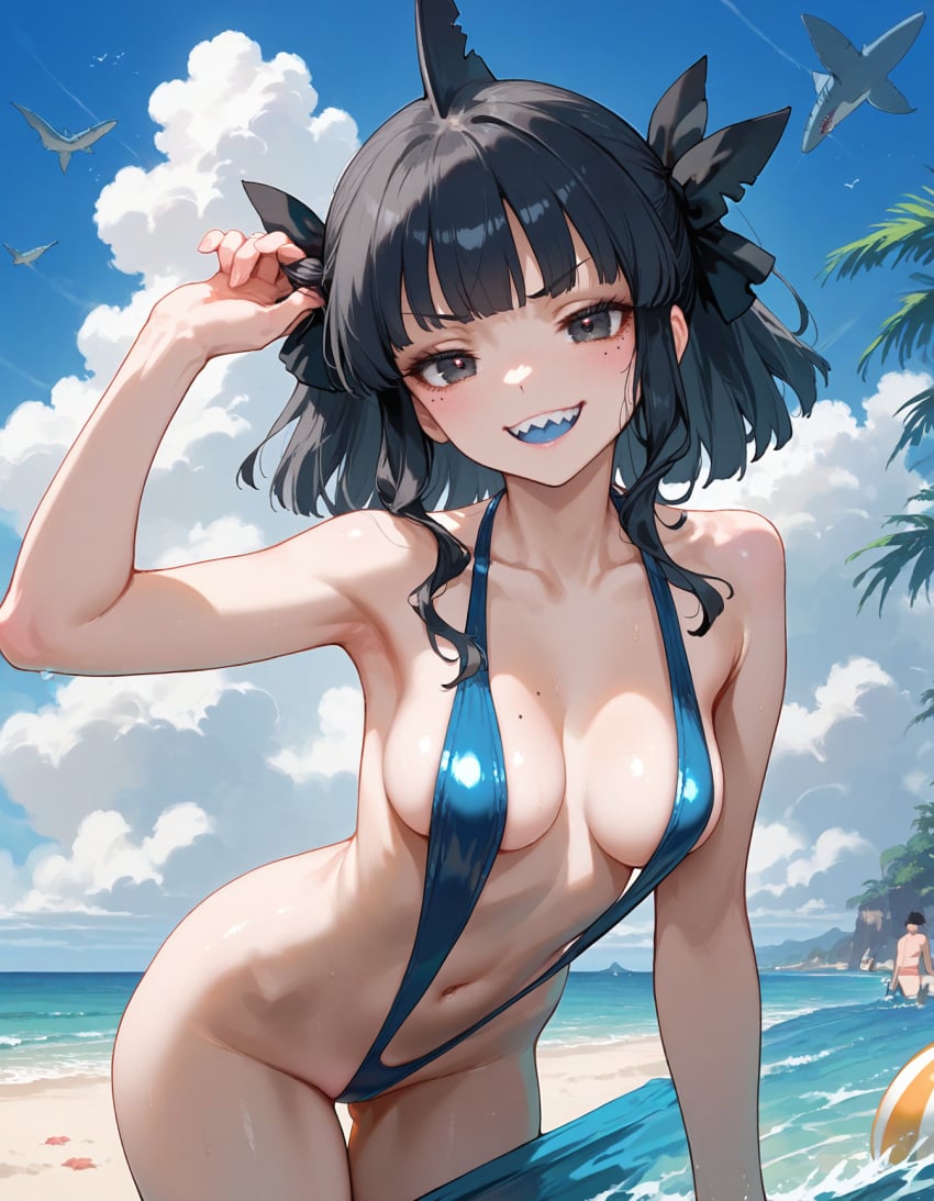 ai_generated artemis_of_the_blue atelier_live beach black_hair blue_tongue indie_virtual_youtuber ponytail shark_girl sling_bikini slingshot_swimsuit swimsuit virtual_youtuber vtuber