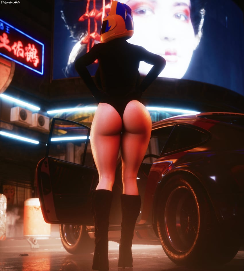 1girls 3d ass ass_focus boots car cat_ear_helmet cat_ears celty_sturluson defenderarts_(artist) durarara!! female female_only footwear helmet high_heel_boots high_heels kneehighs motorcycle_helmet tagme