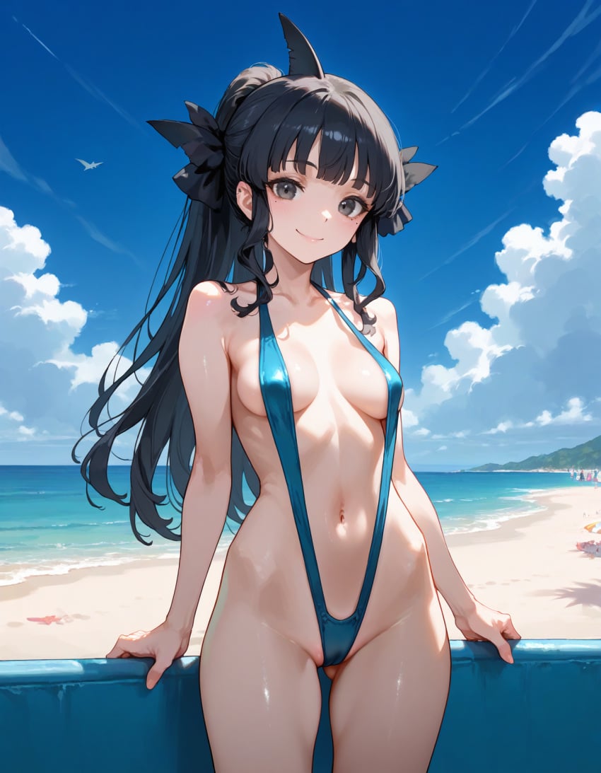 1girls ai_generated artemis_of_the_blue atelier_live beach black_hair blue_tongue female female_only indie_virtual_youtuber ponytail shark_girl sling_bikini slingshot_swimsuit solo swimsuit virtual_youtuber vtuber