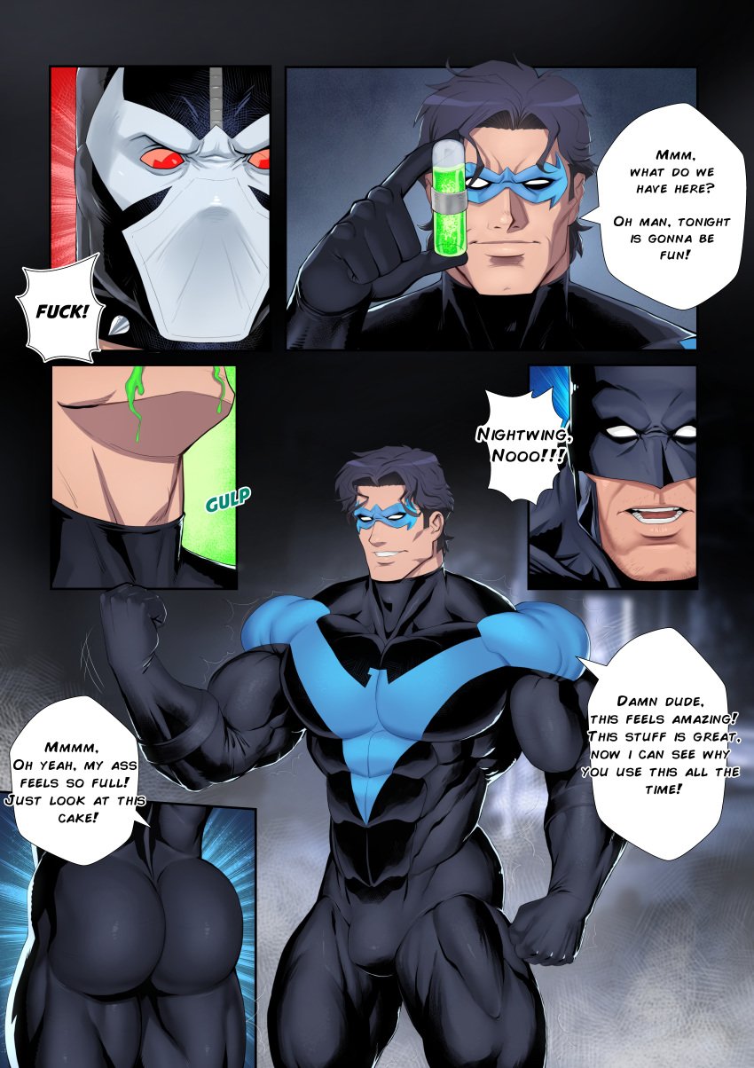 3boys ass backsack bane batman batman_(series) big_butt bruce_wayne bulge bulge_through_clothing clothed clothing comic comic_page dc dc_comics dialogue dick_grayson english_text gay_anal hi_res male male/male male_only mask masked masked_male muscle_growth muscular muscular_male nightwing reiner55 text