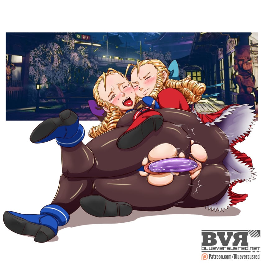 2d 2girls ass blonde_hair blueversusred bubble_butt capcom dildo double_dildo drill_hair female female_focus female_only karin_kanzuki lesbian_sex long_hair selfcest sex street_fighter street_fighter_v wide_hips yuri yuri