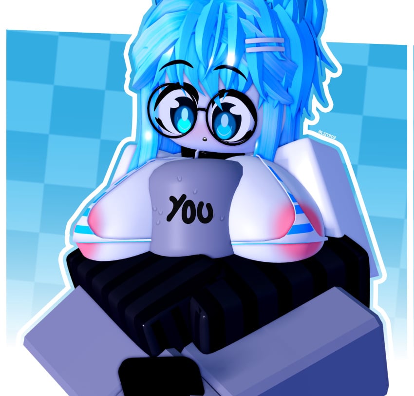 1boy 1girls 3d areolae big_breasts bikini blue_eyes blue_hair breasts female glasses grey_skin l1ztroy roblox robloxian source_request sweat tagme viewer white_skin y/n