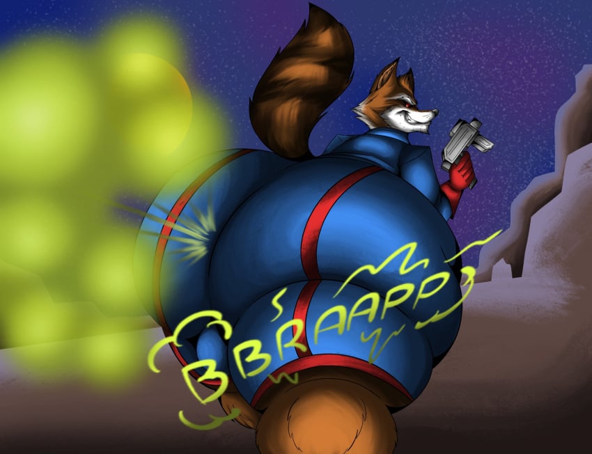 anthro ass balls_outline big_butt bulge clothed clothing detailed_bulge fart fart_cloud fart_fetish farting_at_viewer gassy genital_outline guardians_of_the_galaxy gun hi_res looking_at_viewer looking_back looking_back_at_viewer male mammal marvel planet presenting presenting_hindquarters procyonid raccoon raised_tail ranged_weapon rocket_raccoon smelly solo space sunflower_fox tail thick_thighs weapon