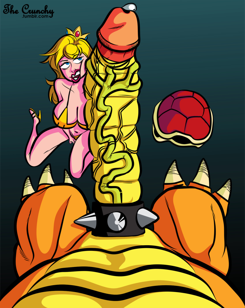 1boy 1girls bikini blonde_hair blue_eyes bowser breasts cock_ring croquant duo faceless_male female footwear high_heels huge_cock human hyper hyper_penis interspecies kneeling larger_male long_hair looking_at_penis male male_pov mario_(series) monster nintendo nude open_toe_shoes orange_skin penis pov princess_peach simple_background size_difference smaller_female spikes straight swimsuit thecrunchy unseen_male_face vein veiny_penis