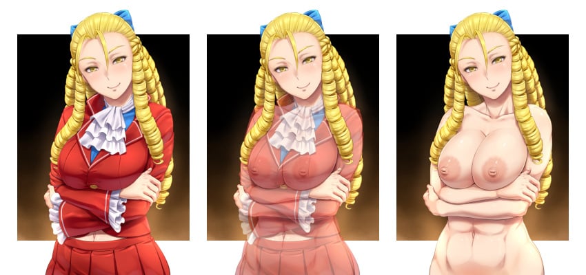 1girl 1girls 2d artist_request big_breasts blonde blonde_female blonde_hair capcom clothing dressed dressed_undressed karin_kanzuki nipple_holes nude see-through see-through_clothing see_through street_fighter street_fighter_v stripping tagme undressing