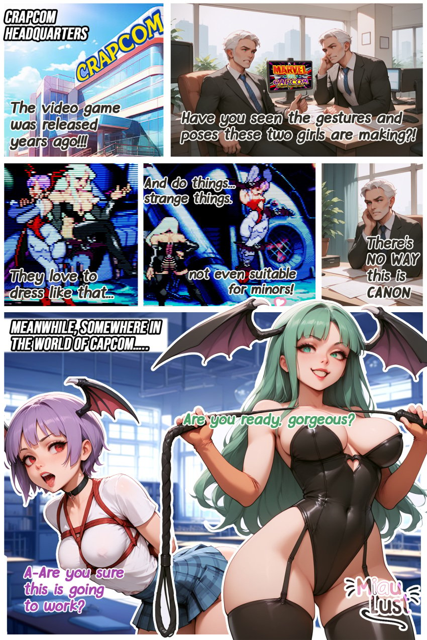 ai_generated bdsm_harness bondage capcom capcom_fighting_evolution darkstalkers domination fucking_machine green_eyes green_hair latex_suit lilith lilith_aensland machine marvel_vs._capcom miaulust morrigan_aensland purple_hair red_hair rope_bondage school_uniform schoolgirl succubus succubus_wings sucubo tied_up wings