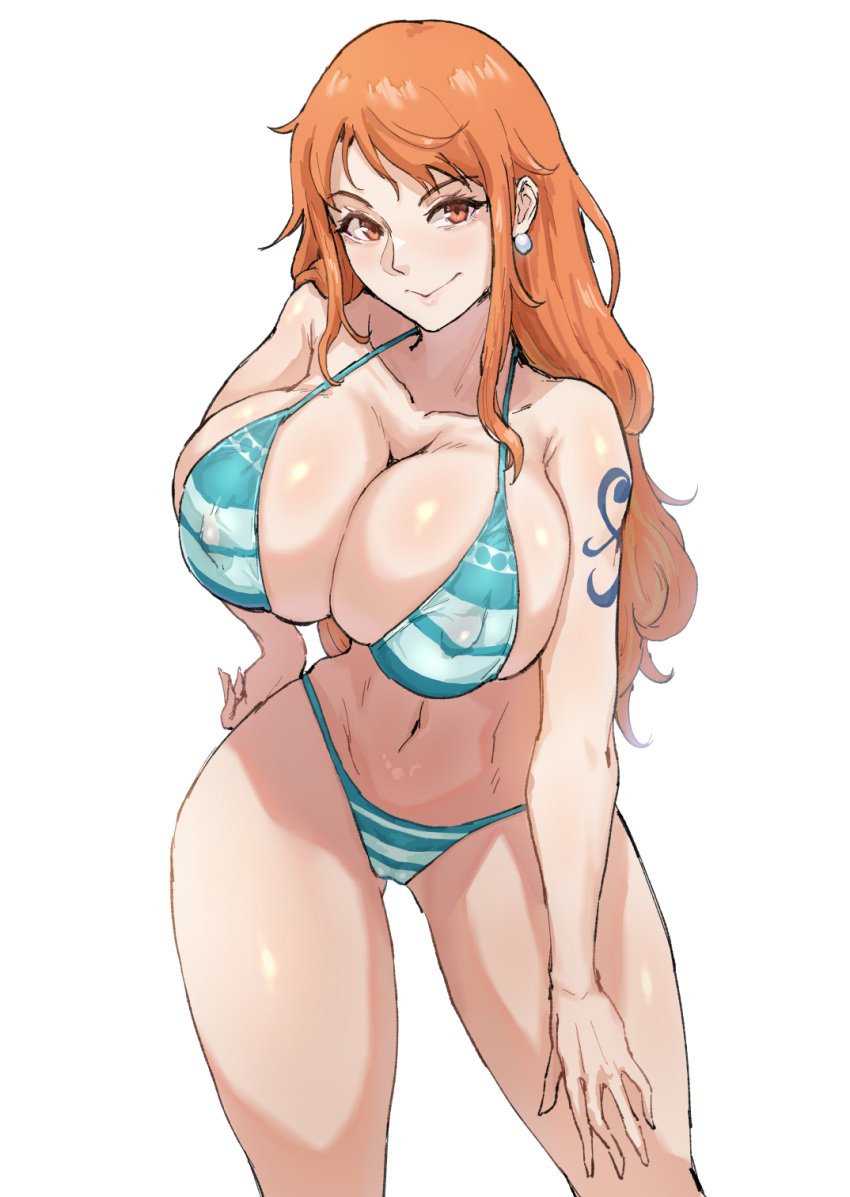 1girls bare_arms bare_legs bare_shoulders bare_thighs big_breasts bikini bikini_bottom bikini_top clothed clothing color female female_focus female_only hi_res large_breasts light-skinned_female light_skin long_hair looking_at_viewer mojimuji nami nami_(one_piece) nipples_visible_through_clothing one_piece orange_eyes orange_hair shounen_jump solo solo_female tagme tattoo thick_thighs