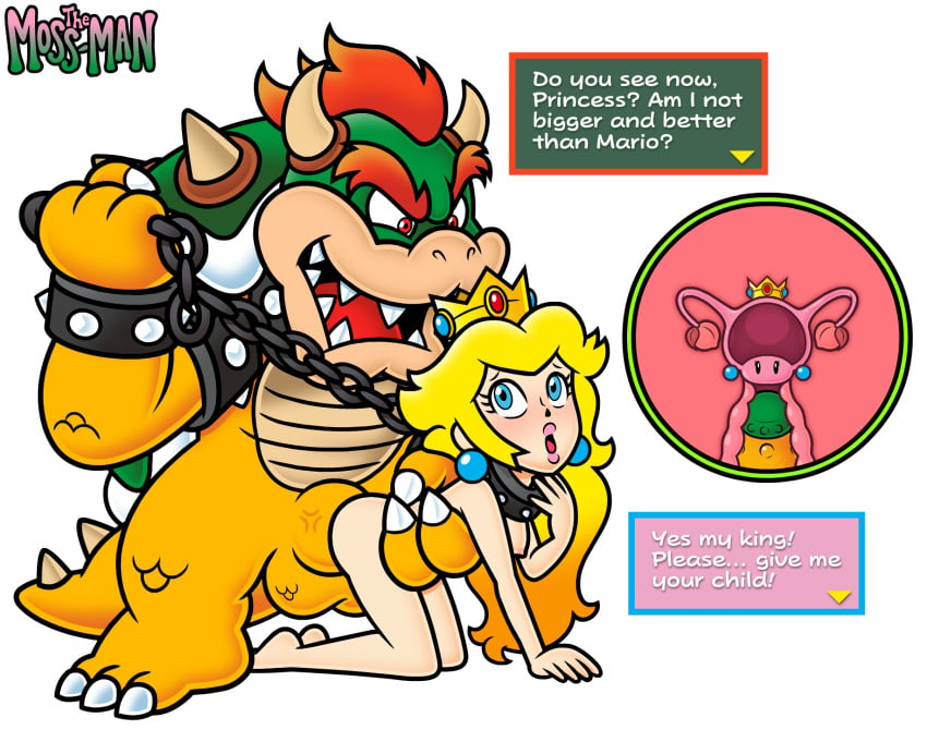 accurate_art_style bowser chain_leash doggy_style dominant_male human_on_anthro impregnation_request making_love male/female mario_(series) naked_female ovaries penis_in_pussy princess_peach sex speech_bubbles spiked_collar submissive_female the_moss-man uterus_with_face villain_on_heroine x-ray