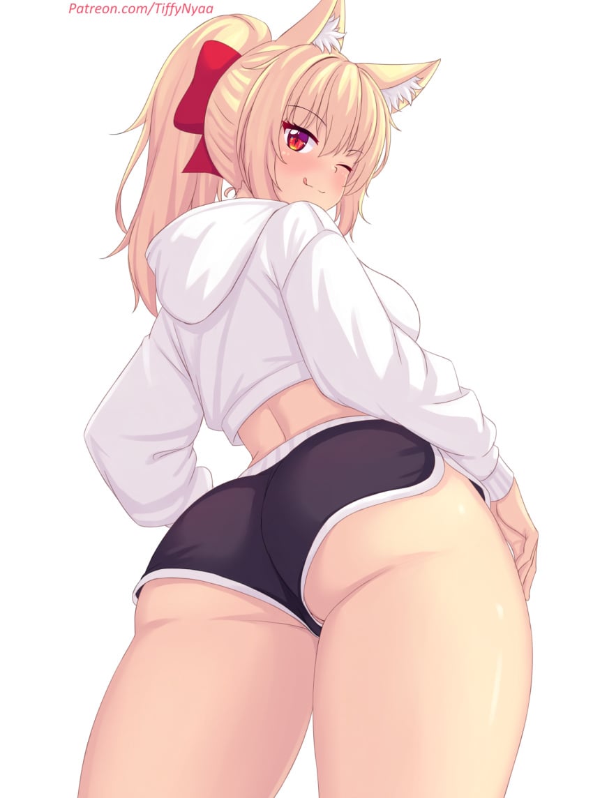 big_breasts blonde_hair booty_shorts cat_ears crop_top hoodie looking_at_viewer looking_back patreon patreon_username ponytail red_bow red_eyes thighs tiffy tiffynyaa wink winking winking_at_viewer