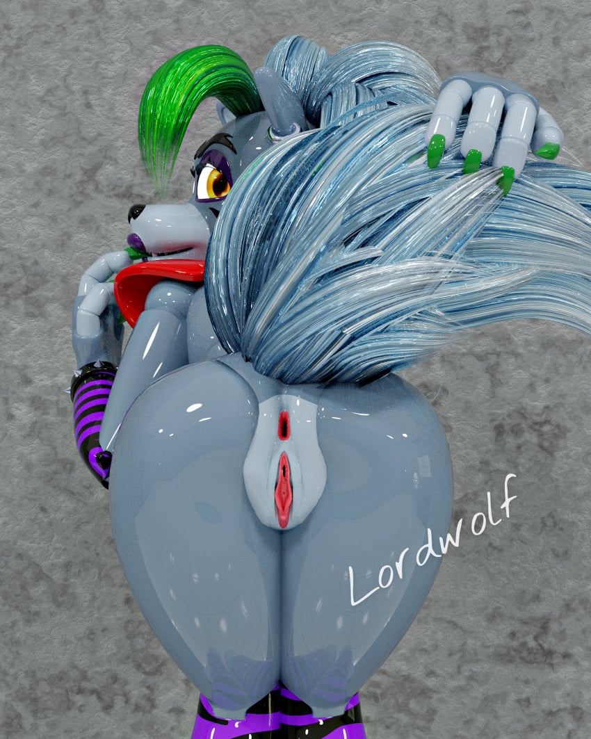 2025 3d_(artwork) 4_fingers animatronic anthro black_nose breasts canid canine canis claws clothed clothing digital_media_(artwork) ear_piercing ear_ring eyebrows female fingers five_nights_at_freddy's five_nights_at_freddy's:_security_breach glistening glistening_body green_claws green_highlights grey_hair hair hi_res highlights_(coloring) lipstick looking_at_viewer lordwolf machine makeup mammal piercing pointy_ears prick_ears purple_lipstick ring_piercing robot roxanne_wolf scottgames solo steel_wool_studios wolf yellow_eyes