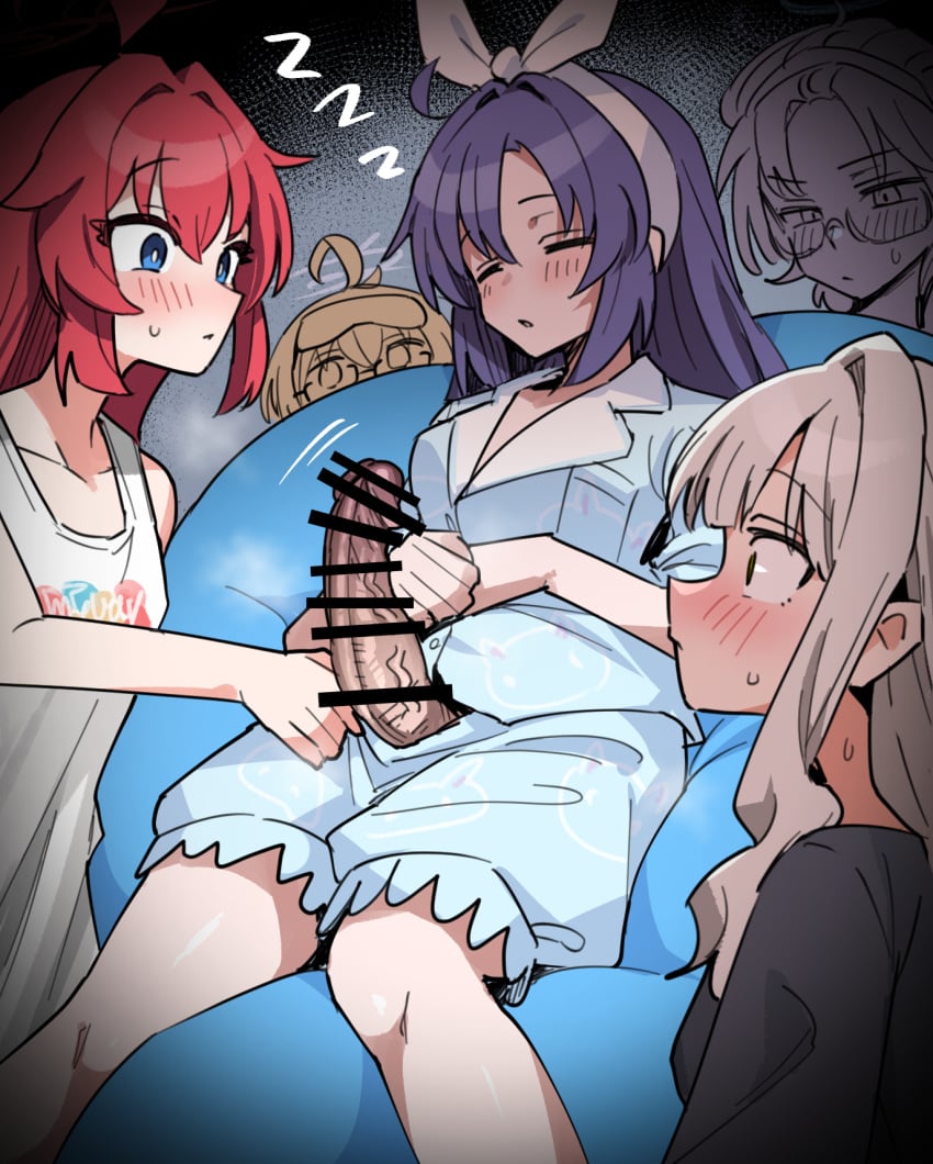 5girls ahoge bar_censor blue_archive blue_eyes blue_pajamas blue_shirt blue_shorts censored chihiro_(blue_archive) chihiro_(pajamas)_(blue_archive) closed_eyes erection futanari glasses grey_hair hairband hare_(blue_archive) hare_(pajamas)_(blue_archive) highres kotama_(blue_archive) kotama_(pajamas)_(blue_archive) large_penis long_hair maki_(blue_archive) maki_(pajamas)_(blue_archive) multiple_girls pajamas penis penis_awe purple_hair red_hair shirt shorts sleeping sleeveless sleeveless_shirt toriyarou veritas_(blue_archive) white_hairband white_shirt yuuka_(blue_archive) yuuka_(pajamas)_(blue_archive) zzz